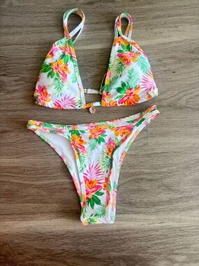 Floral Triangle Bikini Set - White with Pink & Green